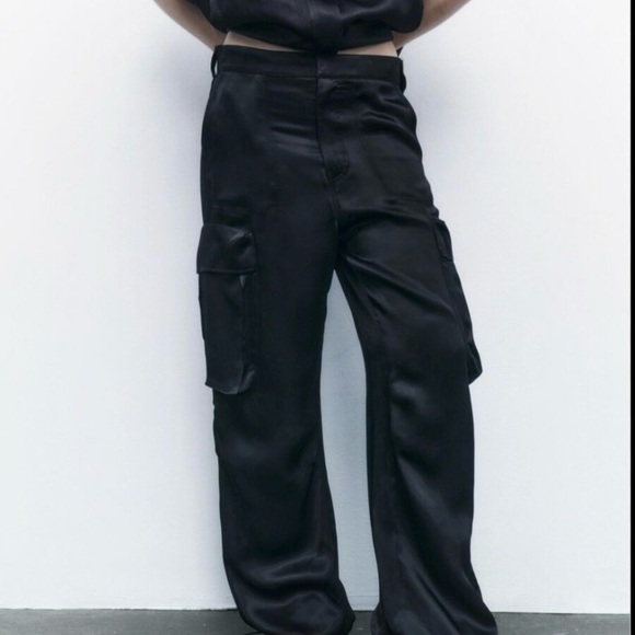Zara Black Satin Cargo Pants Sz XS - Picture 1 of 9
